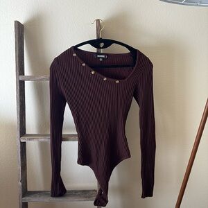 Missguided Brown Long Sleeve Asymmetrical Neckline Bodysuit Sweater Top